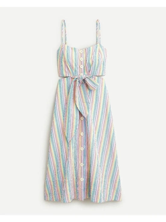 J. Crew Dresses & Skirts - J. Crew Rainbow Seersucker Dress Cut-Out Tie Front Stripe Midi Dress 10